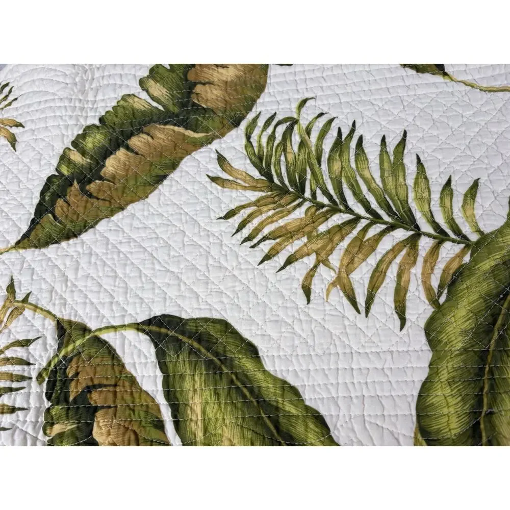 Tropical Leaf and Striped Reversible Quilted Table Runner Scalloped Edge 14x 53
